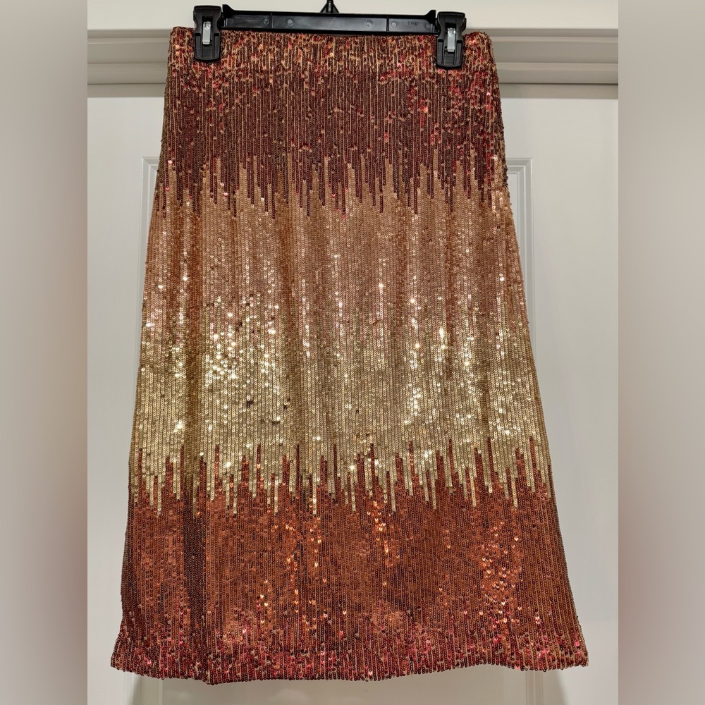 NWT Skies Are Blue Women’s Miranda Ombré Amber & Gold‎ Sequin Midi Skirt M